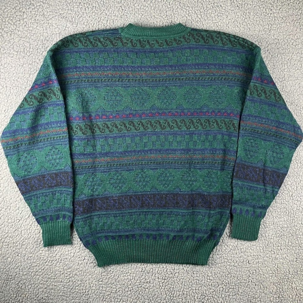 Claybrooke Vintage Mens Green Geometric Fair Isle Crewneck Sweater Size L Wool - Picture 3 of 9
